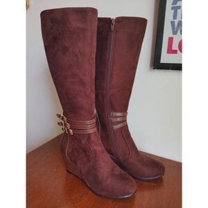 Vittorio D' Firenze Knee High Chestnut Faux Suede Leather FullZip Wedge Boots S6